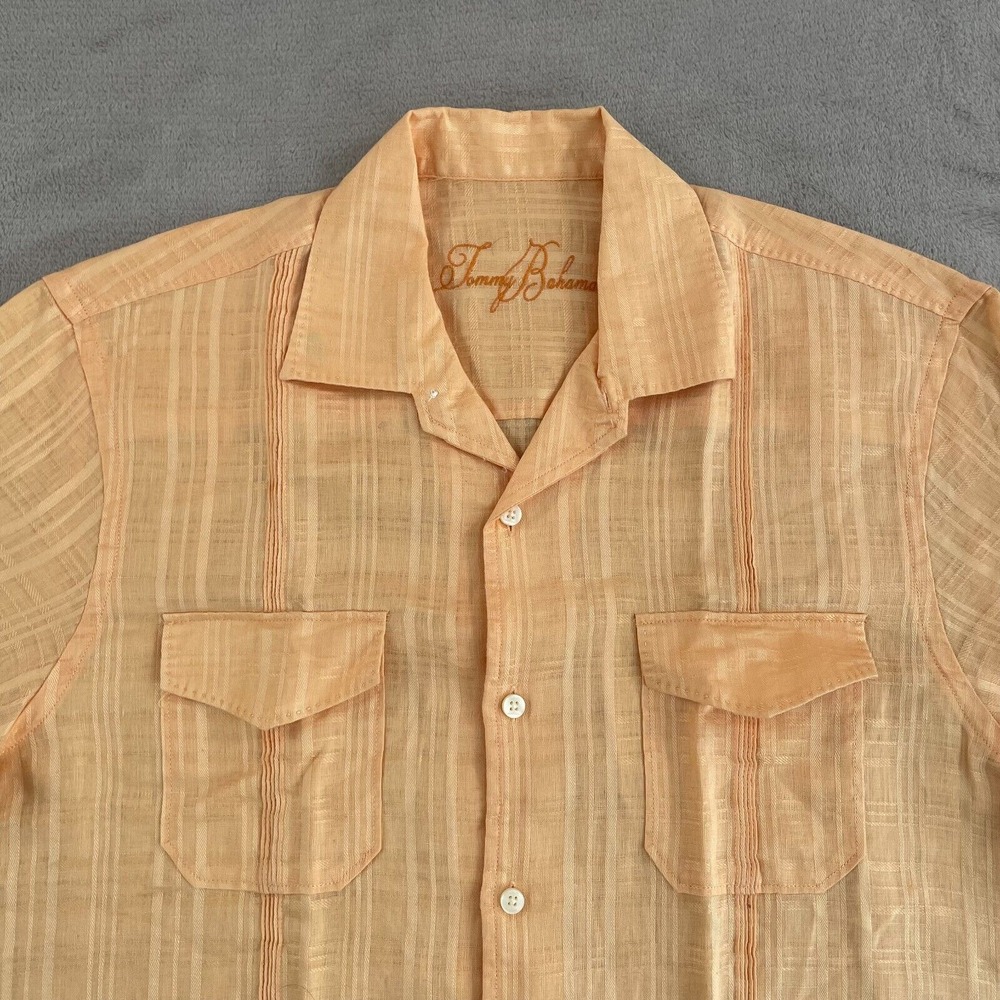 Tommy Bahama Camp Shirt Men Medium Salmon 100% Linen Bowling Style‎ Pockets NWOT